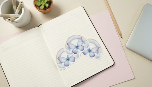 Kawaii Rainbow Butterfly Sticker – Pastel Sky Cloud Vinyl Sticker (3”) for Planners, Journals & Water Bottles
