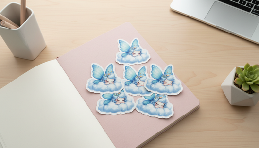 Kawaii Sleeping Fairy Sticker – Cute Blue Butterfly Cloud Vinyl Sticker (3”) for Planners, Journals & Water Bottles