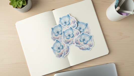 Kawaii Blue Butterfly Cloud Sticker – Pastel Sky Aesthetic Vinyl Sticker (3”) for Planners, Journals & Water Bottles