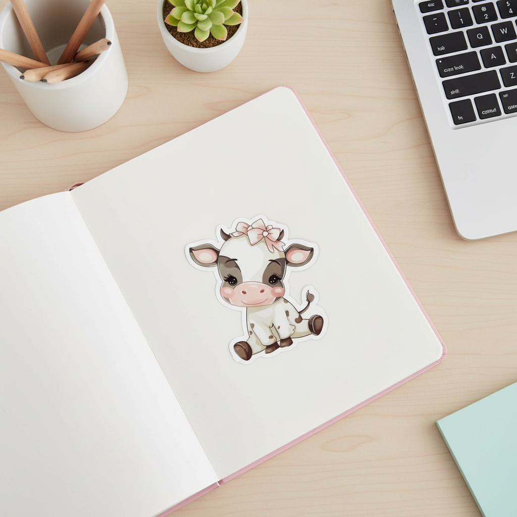Cute Sitting Cow Sticker with Pink Bow | Kawaii Farm Animal Vinyl Sticker | Waterproof Planner, Laptop, Journal Decal