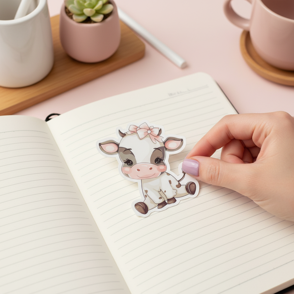 Cute Sitting Cow Sticker with Pink Bow | Kawaii Farm Animal Vinyl Sticker | Waterproof Planner, Laptop, Journal Decal