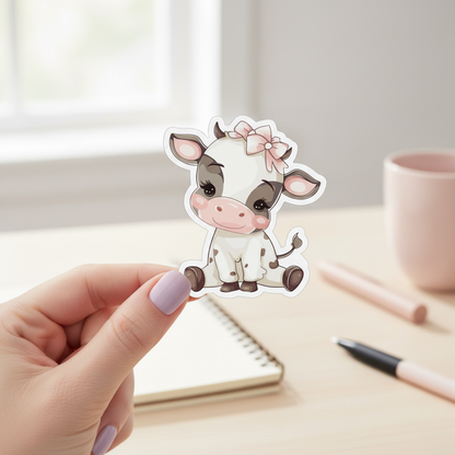 Cute Sitting Cow Sticker with Pink Bow | Kawaii Farm Animal Vinyl Sticker | Waterproof Planner, Laptop, Journal Decal