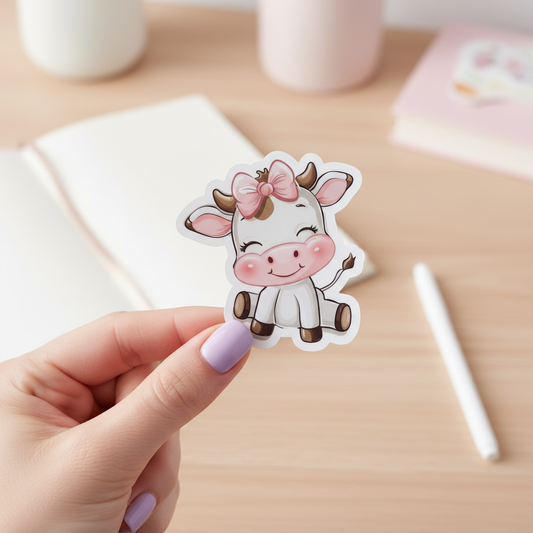 Cute Smiling Cow Sticker with Pink Bow | Kawaii Farm Animal Vinyl Sticker | Waterproof Laptop, Planner, Journal Decal