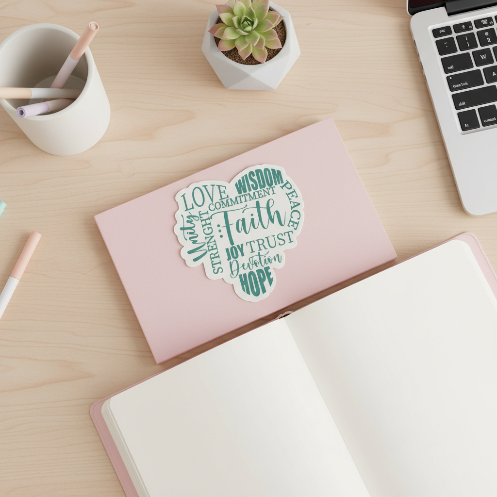 Faith Heart Word Art Sticker | Christian Inspirational Vinyl Sticker | Bible Verse Words, Hope, Love, Trust, Waterproof Decal