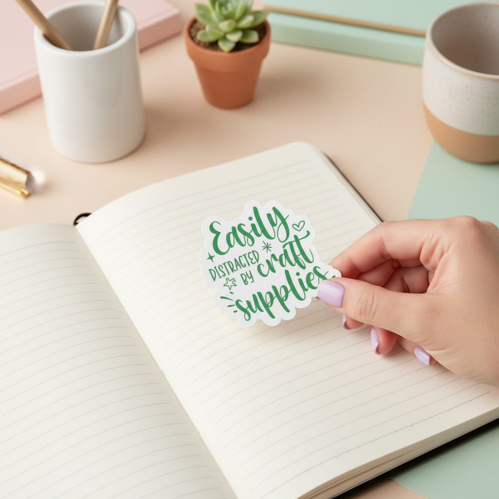 Easily Distracted by Craft Supplies Sticker | Funny Crafter Vinyl Sticker | Waterproof Planner, Laptop, Scrapbooking Decal