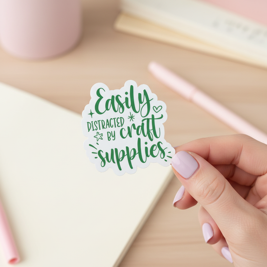 Easily Distracted by Craft Supplies Sticker | Funny Crafter Vinyl Sticker | Waterproof Planner, Laptop, Scrapbooking Decal