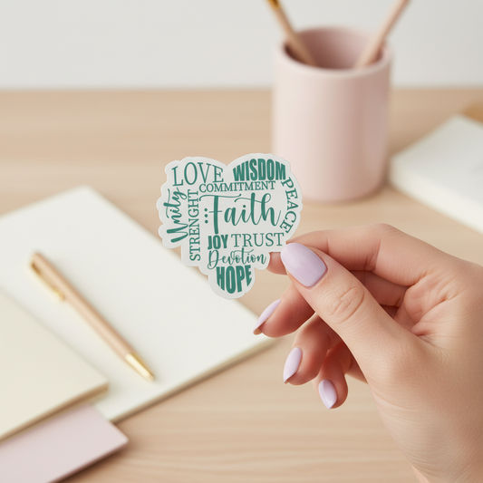 Faith Heart Word Art Sticker | Christian Inspirational Vinyl Sticker | Bible Verse Words, Hope, Love, Trust, Waterproof Decal