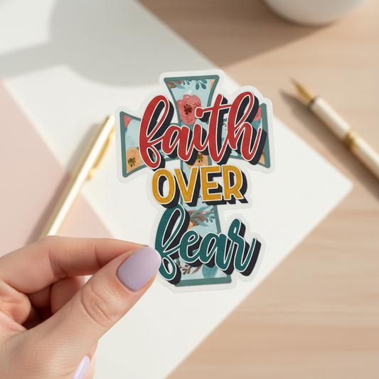 Faith Over Fear Sticker | Christian Cross Vinyl Sticker | Inspirational Religious Quote Waterproof Decal | Floral Faith Sticker