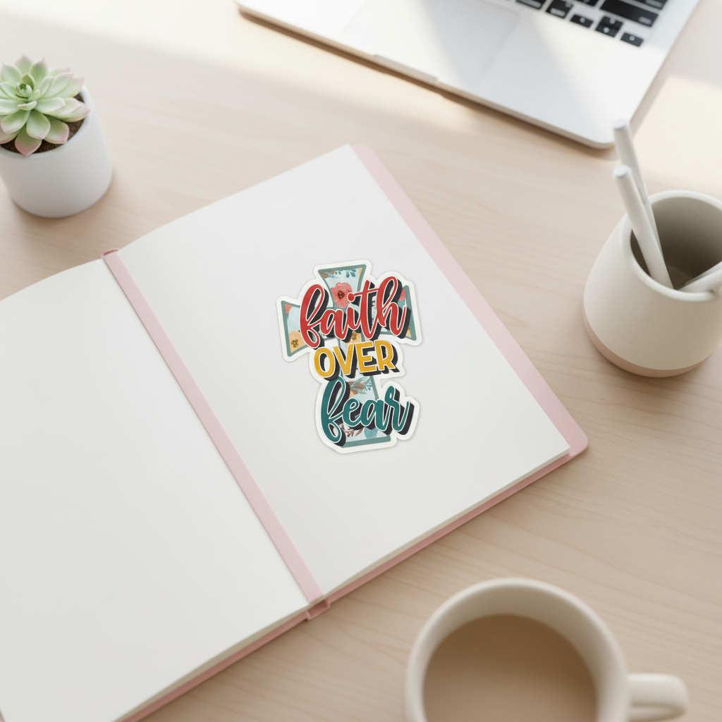 Faith Over Fear Sticker | Christian Cross Vinyl Sticker | Inspirational Religious Quote Waterproof Decal | Floral Faith Sticker