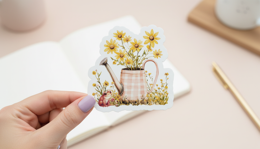 Daisy Daydreams Watering Can Sticker | Cottagecore Frog Sticker | Floral Vinyl Sticker 3 Inch | Cute Spring Laptop Water Bottle Decal