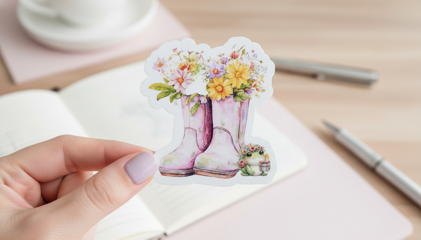 Daisy Daydreams Pink Rain Boots Sticker | Floral Boots Sticker | Cottagecore Frog Sticker | Spring Vinyl Sticker 3 Inch Waterproof