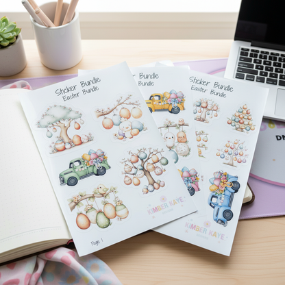 Easter Sticker Bundle Set | 21 Cute Spring Stickers | Bunny, Egg Tree & Vintage Truck Designs | Planner & Scrapbook Stickers | 3 Sheet Set