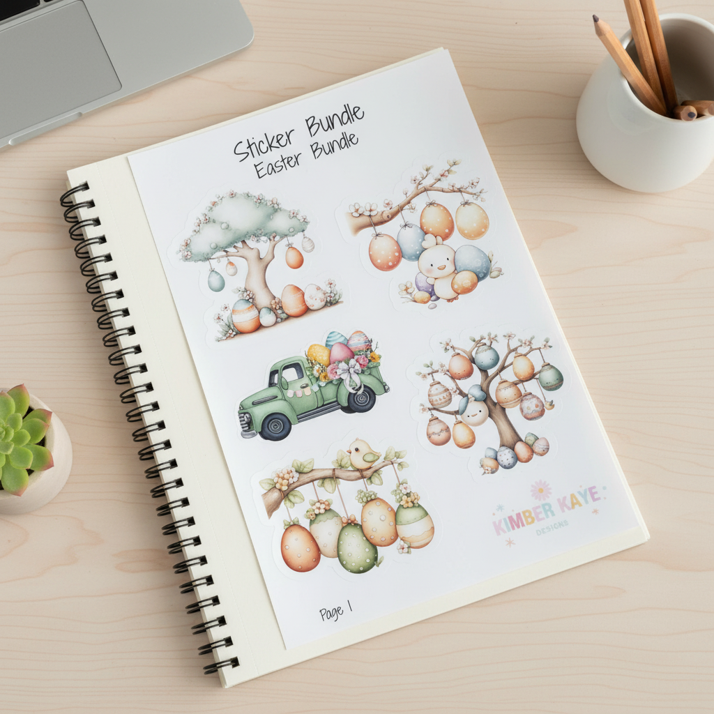 Easter Sticker Bundle Set | 21 Cute Spring Stickers | Bunny, Egg Tree & Vintage Truck Designs | Planner & Scrapbook Stickers | 3 Sheet Set
