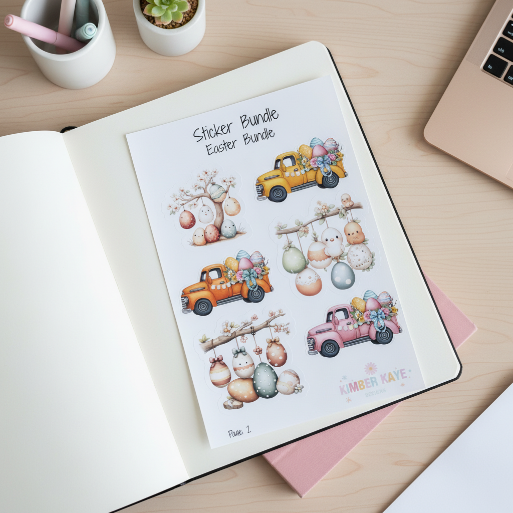 Easter Sticker Bundle Set | 21 Cute Spring Stickers | Bunny, Egg Tree & Vintage Truck Designs | Planner & Scrapbook Stickers | 3 Sheet Set