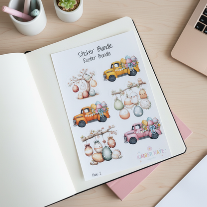 Easter Sticker Bundle Set | 21 Cute Spring Stickers | Bunny, Egg Tree & Vintage Truck Designs | Planner & Scrapbook Stickers | 3 Sheet Set