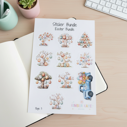 Easter Sticker Bundle Set | 21 Cute Spring Stickers | Bunny, Egg Tree & Vintage Truck Designs | Planner & Scrapbook Stickers | 3 Sheet Set