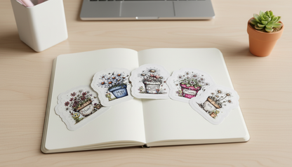 Floral Mom Sticker Set | Petals and Plans Collection Die Cut Stickers | Cute Flower Pot Stickers