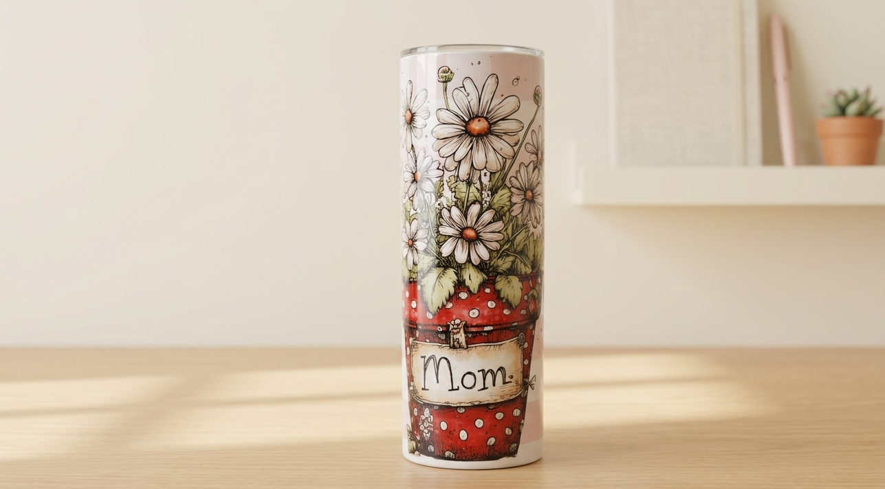 Floral Mom Tumbler 20oz | Petals and Plans Collection Skinny Tumbler | Daisy Gingham Cup Gift for Mom