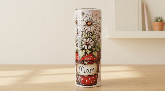 Floral Mom Tumbler 20oz | Petals and Plans Collection Skinny Tumbler | Daisy Gingham Cup Gift for Mom