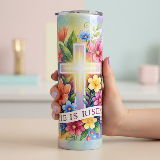 He Is Risen 20oz Skinny Tumbler | Christian Easter Tumbler | Faith-Based Floral Cross Cup | Spring Religious Gift