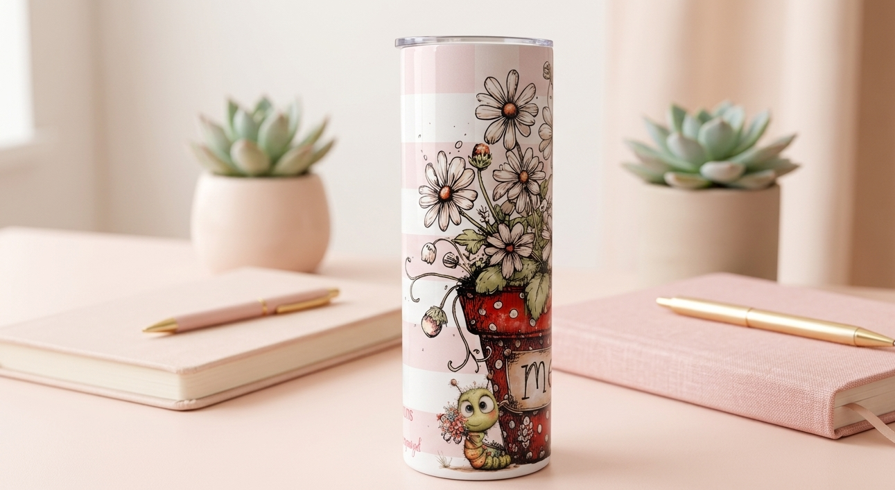 Floral Mom Tumbler 20oz | Petals and Plans Collection Skinny Tumbler | Daisy Gingham Cup Gift for Mom