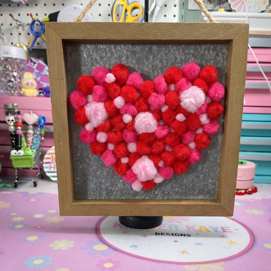 Valentine Pom Pom Heart Wall Decor – Handmade 10x10 Wood Frame Valentine Sign with Metal Background