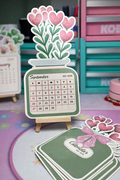 Valentine Stacked Desk Calendar | 5x11 Standing Floral Calendar with Wooden Easel