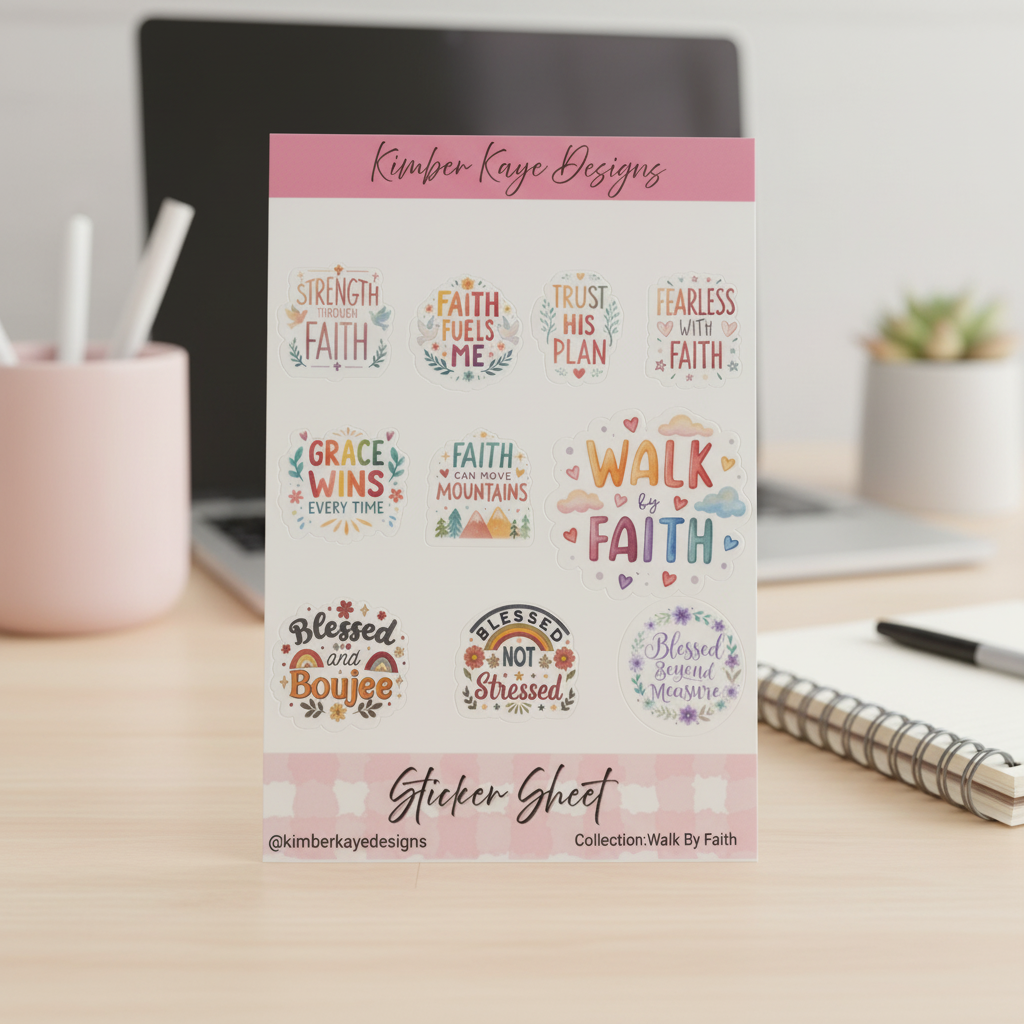 Walk By Faith Sticker Sheet 5x7 | Christian Faith Stickers | Inspirational Bible Quotes | Cute Religious Planner Stickers