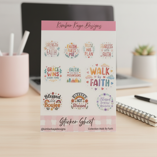 Walk By Faith Sticker Sheet 5x7 | Christian Faith Stickers | Inspirational Bible Quotes | Cute Religious Planner Stickers