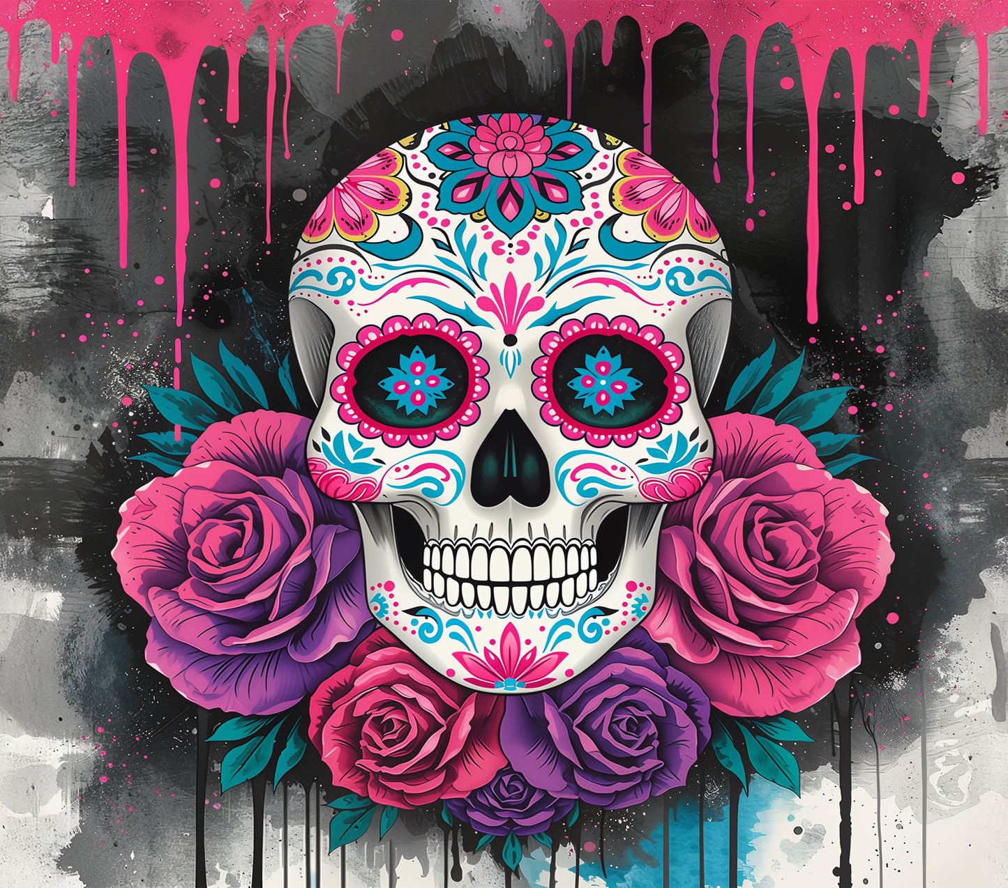 Sugar Skull Tumbler 20oz | Day of the Dead Floral Skull Cup | Gothic Pink Drip Design | Edgy Aesthetic Drinkware Gift