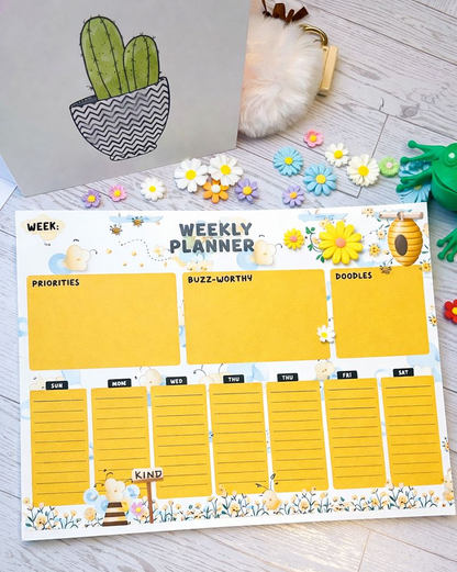 Bumble Dee Bee Weekly Planner Pad – Bright Bee-Themed Desk Planner