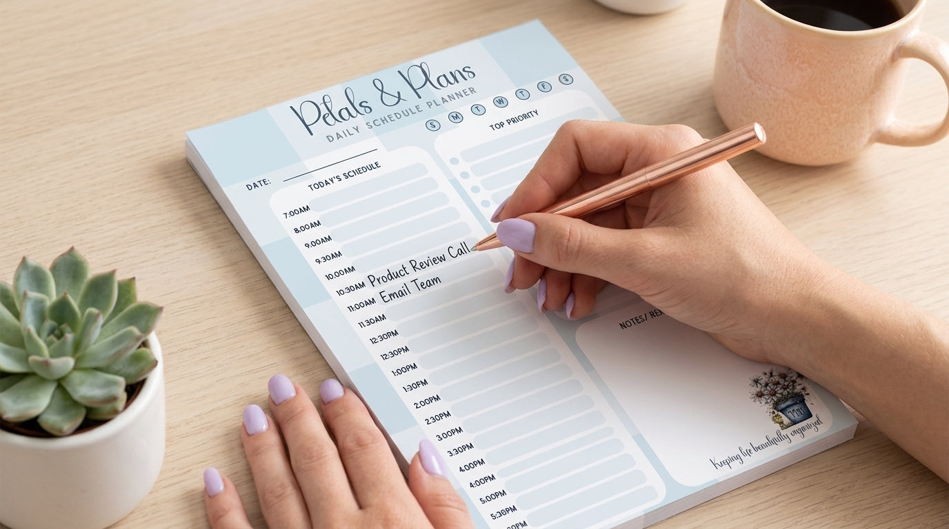 Petals & Plans Daily Planner | Hourly Schedule Planner Pad | Floral Productivity Planner | Mother’s Day Gift Idea