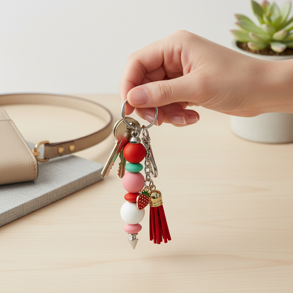 Strawberry Tassel Beaded Keychain | Cute Fruit Purse Charm | Handmade Keychain Accessory | Kawaii Bag Charm | Gift for Her