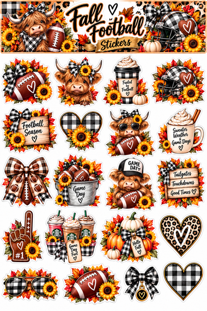 All About Fall Sticker Sheet | Highland Cow & Game Day Stickers | 6" × 9"