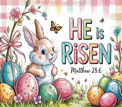 He Is Risen Bunny Easter Tumbler 20oz | Christian Easter Cup with Scripture Matthew 28:6 | Cute Faith Spring Drinkware