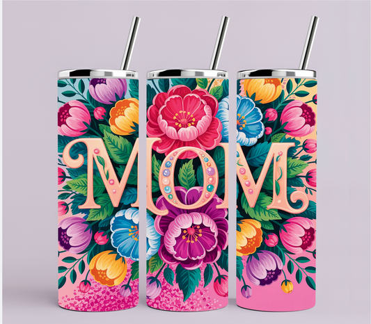 Mom Floral Tumbler 20oz | Colorful Flower Stainless Steel Tumbler with Straw | Gift for Mom | Mother’s Day Cup | Insulated Travel Mug